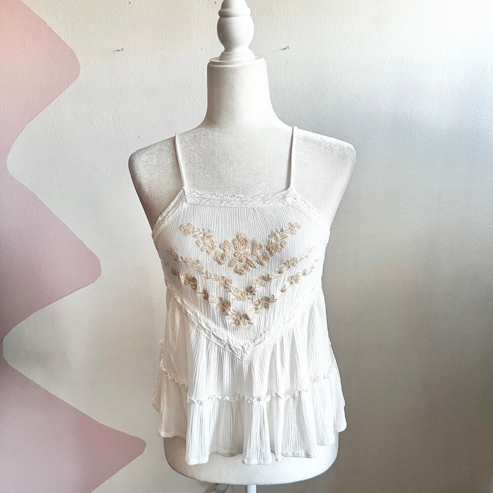 White Embroidered Lace Trim Tank Top Boho Cottagecore Festival Bohemian‎ XS